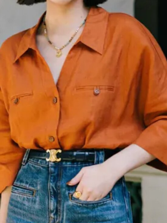 Petite Studio Tops - Petite Studio 100% Linen Antoine Blouse Oversize Shirt Top Rust Orange Size S